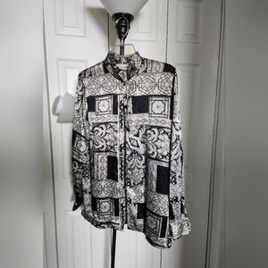 Vintage Christie & Jill Elegant Black and White Blouse Exotic Art, Size M